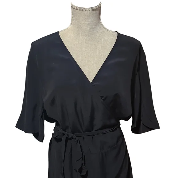 EILEEN FISHER Black Wrap Dress Womens Size 14 Tencel Short Sleeve Midi Minimal - Picture 3 of 14